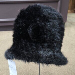 Black dyed Knitted Ranch Mink Fur Hat with Rose